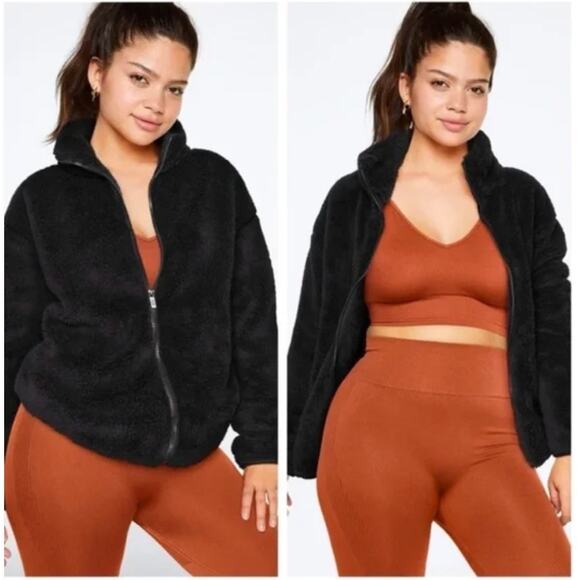 Victoria's Secret Pink Black Sherpa Full Zip Teddy Fleece Jacket Size L Cozy - Picture 14 of 14